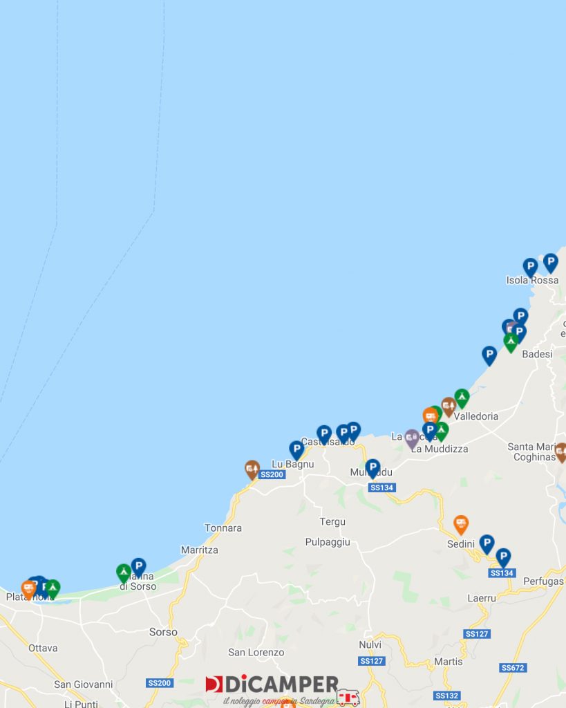Grazie alla sua posizione, ha una storia antichissima, è probabilmente uno dei primi luoghi in cui si è sviluppata la vita in Sardegna, ma nonostante questo ha avuto uno sviluppo territoriale fisico limitato, mantenendo intorno a se, come buona parte dell’isola, una natura incontaminata che offre una serie di luoghi dove poter soggiornare.Di seguito l’indicazione di CaraMaps delle zone utili da poter sfruttare per la sosta, lo smaltimento delle acque grigie e nere e la carica elettrica e delle acque bianche.